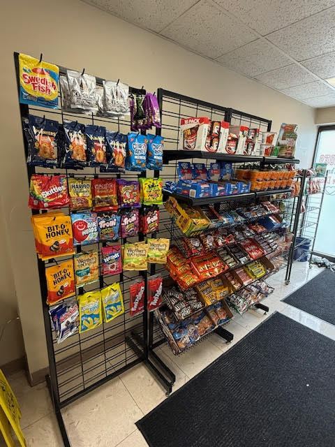 Snack rack with chips, candy, and pretzels